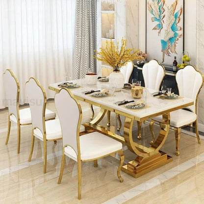 Golden Luxury Kitchen Table Marble Modern Rectangle Stable Gold Plated Stainless Steel Frame Dining Table Chairs Combination