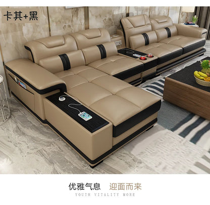 MANBAS Luxury Italian Genuine Leather Sectional Sofa Set with Bluetooth Speaker and USB Ports Cow Leather Living Room Couch Set