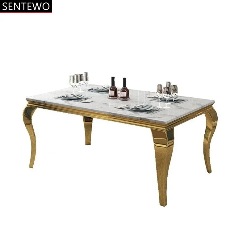 Popular Luxury Marble kitchen dining table and 6 dinner chairs set Stainless steel gold leg frame home furniture esstisch mit