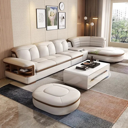 Luxury L-Shaped Genuine Leather Sectional Sofa Sets with USB, Bluetooth Speaker - MANBAS Living Room Italian Leather Couches