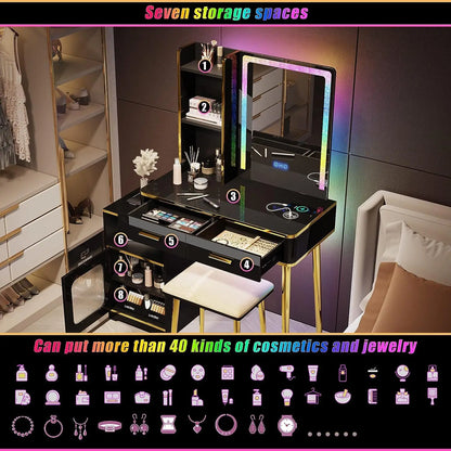 Makeup Vanity with Mirror: Makeup Desk - Dressing Table With Drawers - Vanity Set with RGB LED Lights&Wireless Charging Station