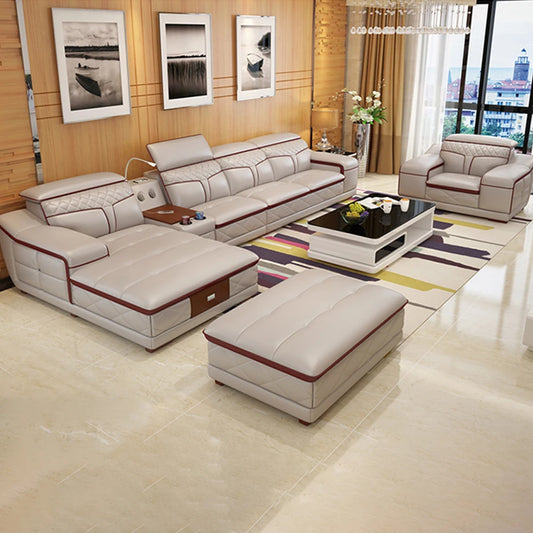 Linlamlim Living Room Italian Leather Couches | Luxury L-Shaped Genuine Leather Sectional Sofa Sets with USB, Bluetooth Speaker