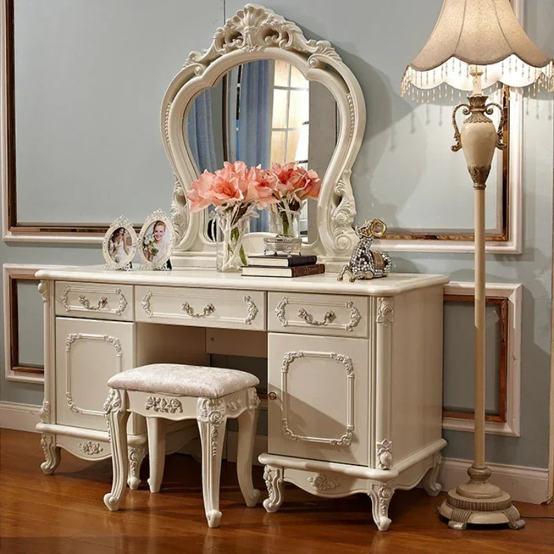 Light Luxury European Dressers for Bedroom Princess Furniture Ins White Dressing Table Makeup Vanity Table with Light Mirror Set