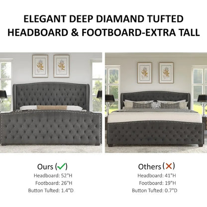 King Size Bed Frame, Velvet Upholstered Beds with Deep Button Tufted & Nailhead Trim Wingback Headboard, Platform Bed Frame