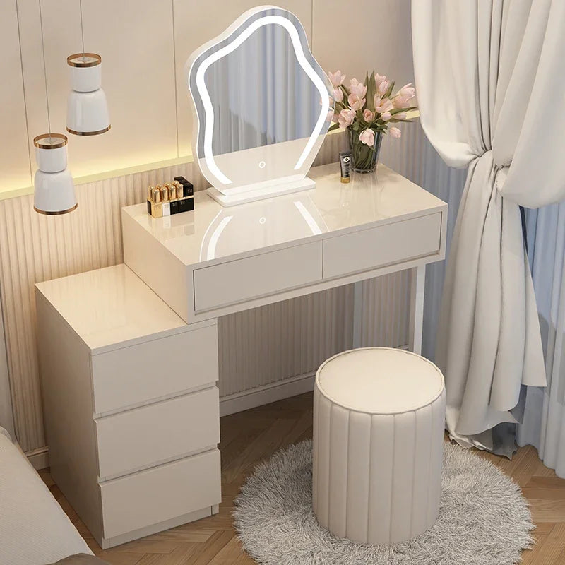 Fashion Mirror Dressing Table Woman Led Lights Modern Classic Makeup Table Drawer Chair Comfortable Coiffeuse Bedroom Furniture