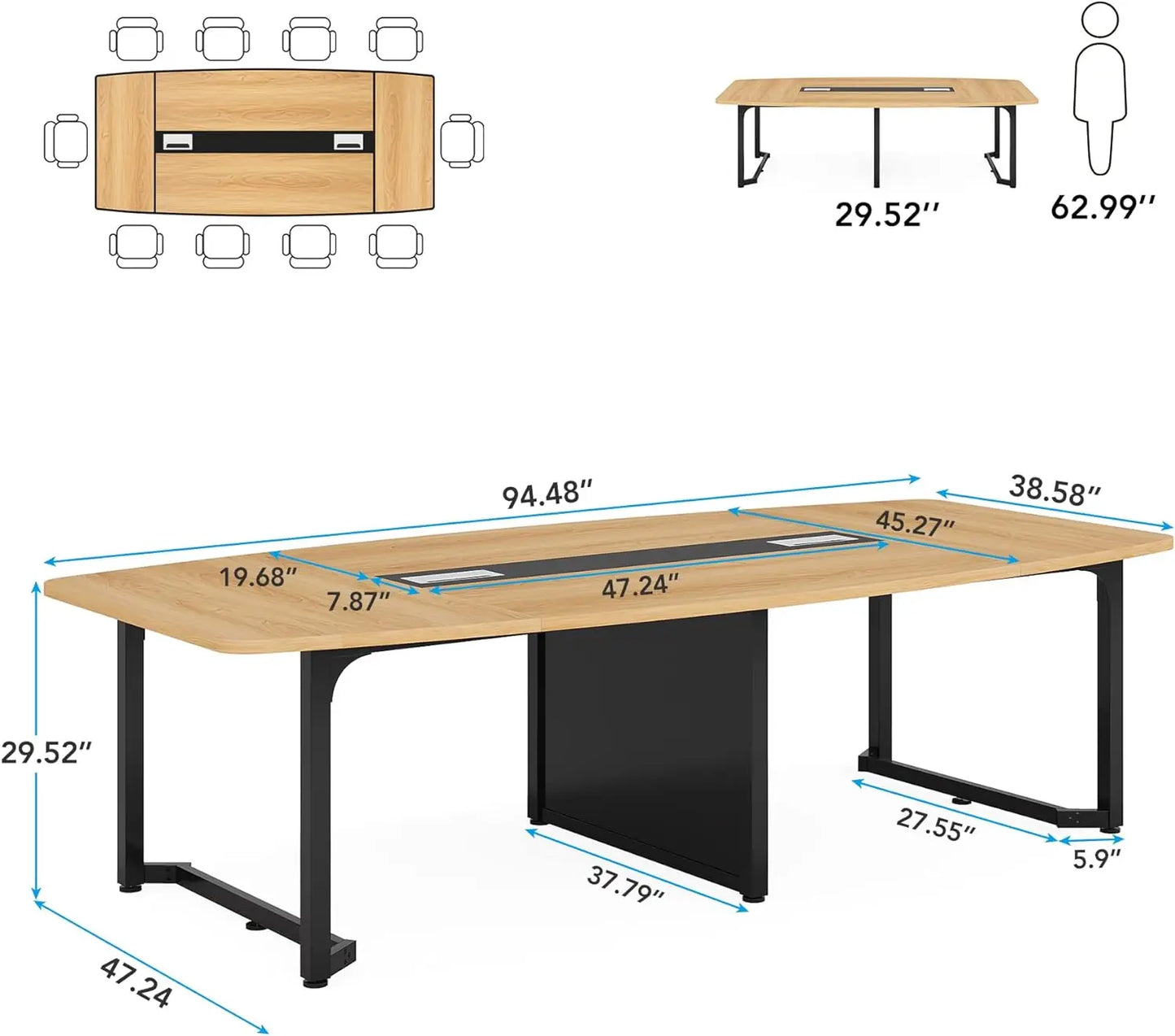 8FT Conference Table, 94.5L x 47.2Winch Large Meeting Table, Modern Rectangular Seminar Table for Office Meeting Conference Room