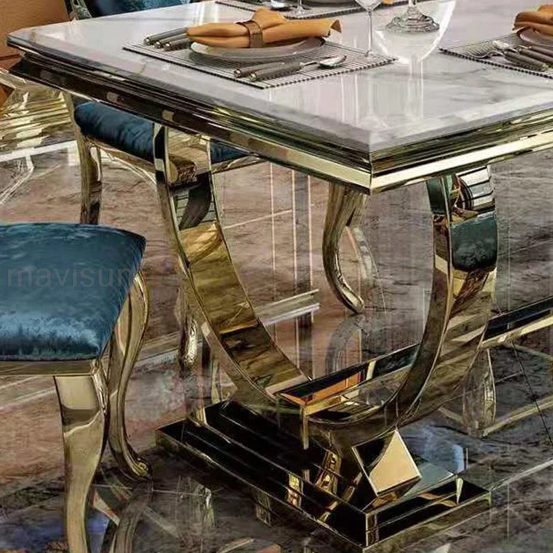 Black Luxury Kitchen Table Dining Room Marble Rectangle Stable Gold Stainless Steel Frame Dining Table and Chairs Combination