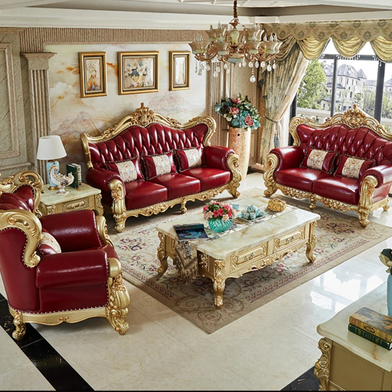 European Style Genuine Leather Sofa Combination Living Room Solid Wood Furniture Villa Luxury First Layer Cowhide Crown