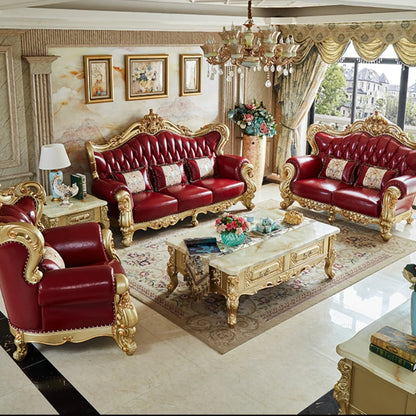 European Style Genuine Leather Sofa Combination Living Room Solid Wood Furniture Villa Luxury First Layer Cowhide Crown