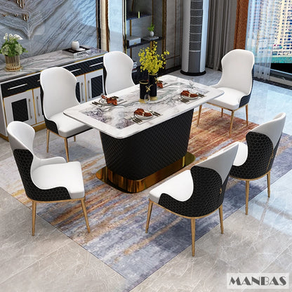 MANBAS Elevate Your Dining Room with Marble Table Set Featuring 6 Leather Chairs and Stainless Steel Design / Kitchen Furniture