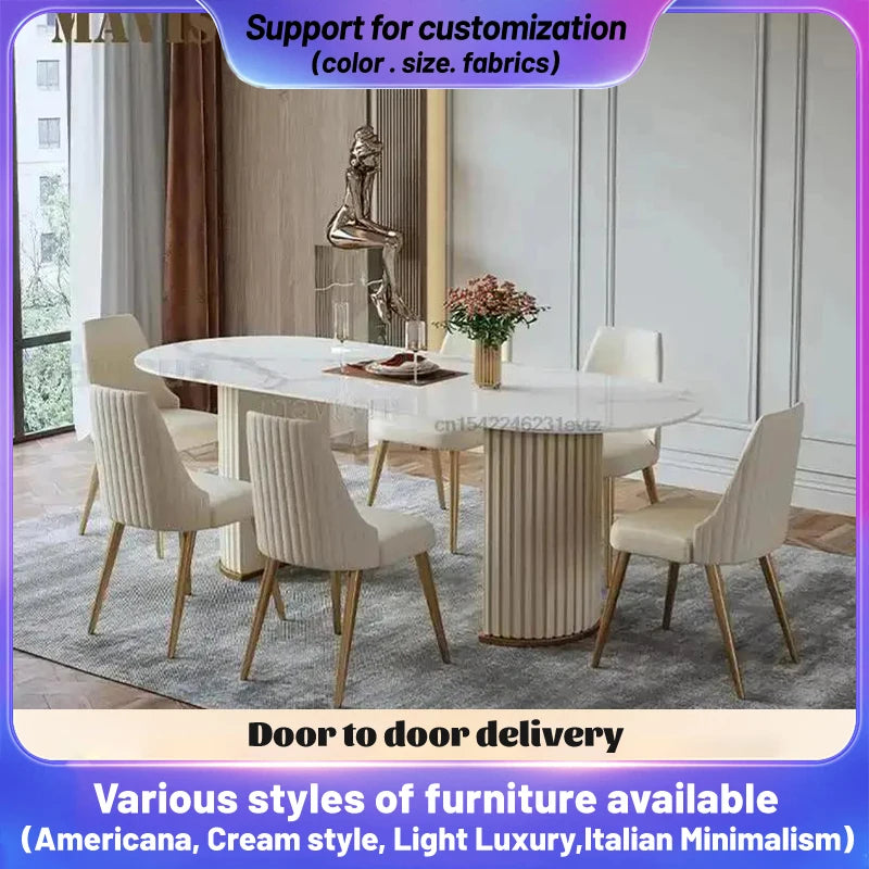 Oval Dining Table Set Concise Design Golden Stand Luxury Furniture Glossy Rock Board Home Decor Ivory Kitchen Table And Chairs