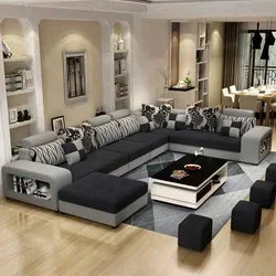 New European Luxury Living Room Sofas 7 Seater U Shaped Home Furniture Wooden Fabric Armchair Corner Recliner Sectional