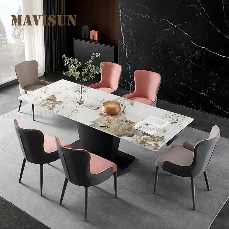 Modern Minimalist Glossy Rock Slab Kitchen Table Light Luxury Furniture Rectangular Extended Folding Dining Table And Chairs Set