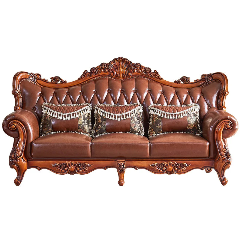 European Luxury Genuine Leather Living Room Sofa Set with Solid Wood Carvings Villa 123 Combination Furniture Top Grain Cowhide