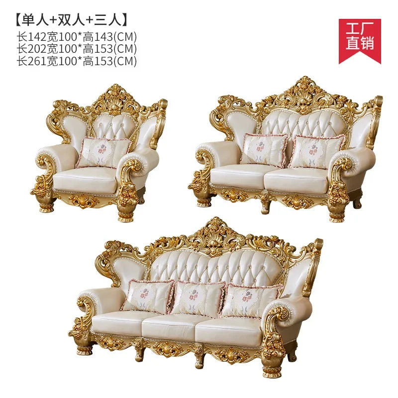 European Home Furniture Luxury Classic Antique Designed Genuine Leather Couches Sofas Living Room Sofas Set