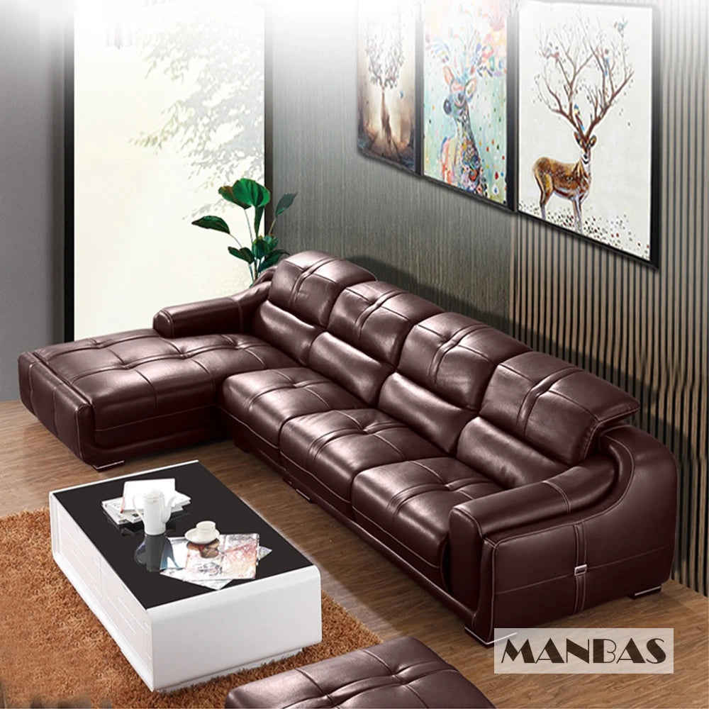 MANBAS Living Room Sofas Italian Genuine Leather Sofa Sets Big Sectional Corner Couch With Adjustable Headrests Home Furniture