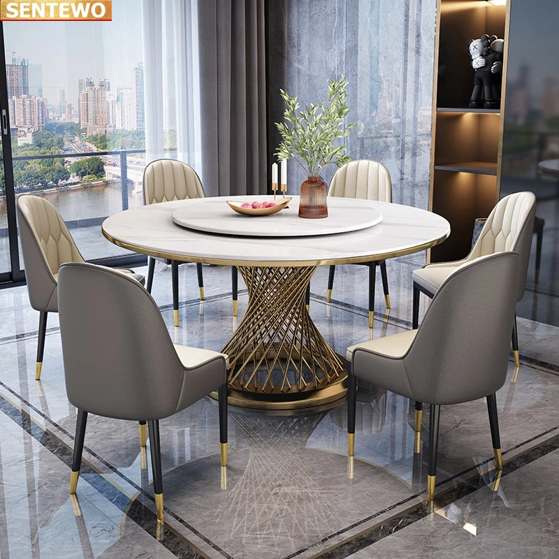 Designer Luxury round dinning Marble Rock Slab dining table set 4 chairs mesa comedor furniture marbre Stainless steel gold base