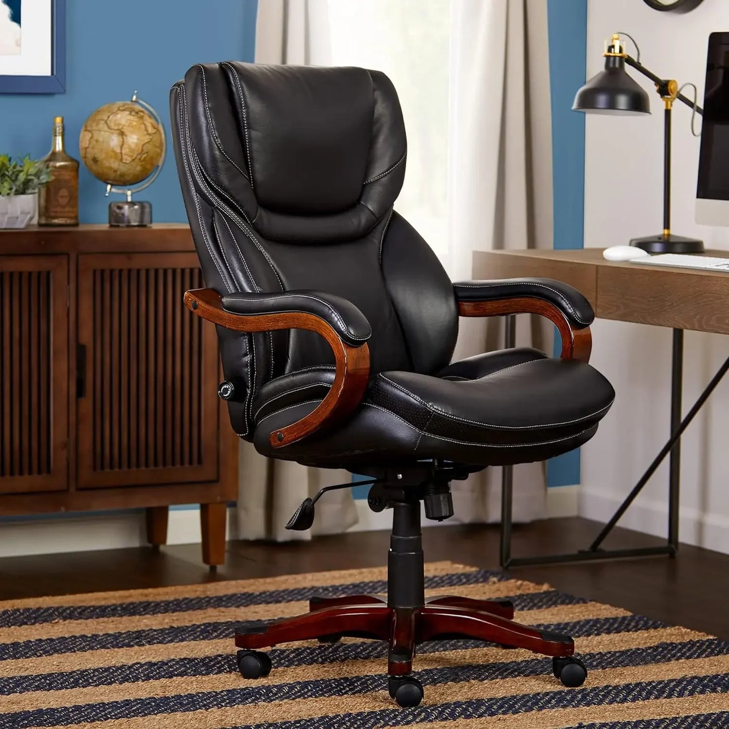 Big and Tall Executive Office Chair Wood Accents Adjustable High Back Ergonomic Lumbar Support Bonded Leather