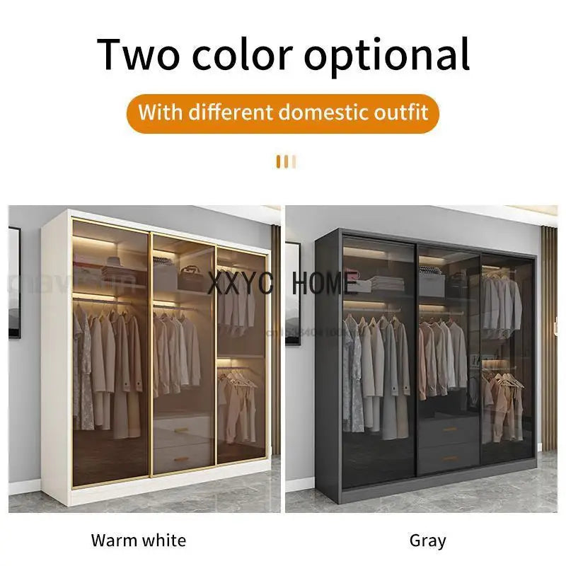 Italian Clothes Cabinet With LED Light And Storage Drawers Transparent Glass Sliding Door Bedroom Wardrobes Luxury Wood Closets