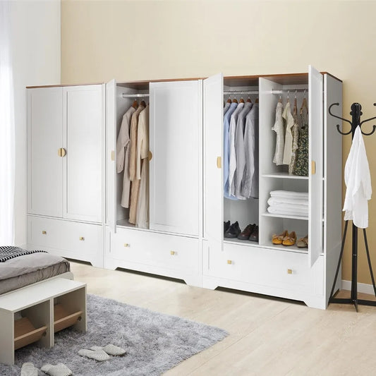 Wardrobe Closet, White Armoire Wardrobe with Hanging Rod, Shelves and Drawer, Freestanding Closet Wardrobe Cabinet