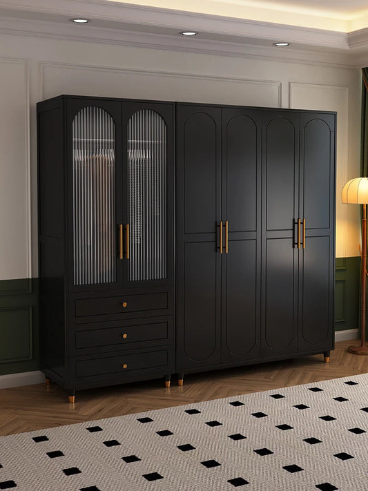 French luxury solid wood adult household hanging wardrobe finished American retro black combination wardrobe