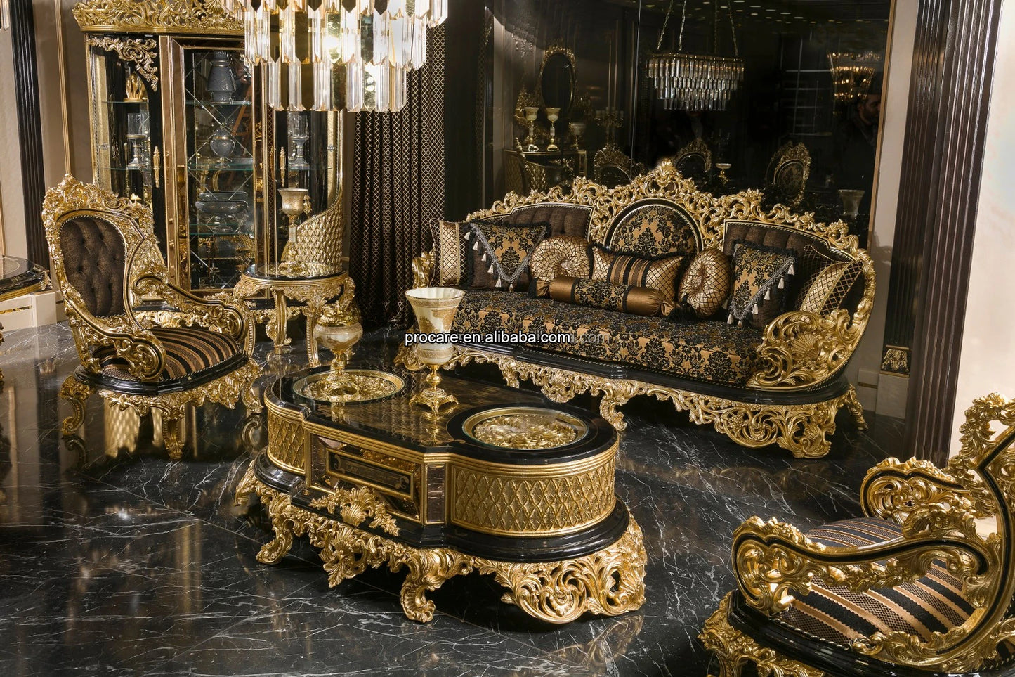 Luxury Antique Traditional Black Gold African Classical Baroque Royal Hand Carved Sofa Set Living Room Furniture Set