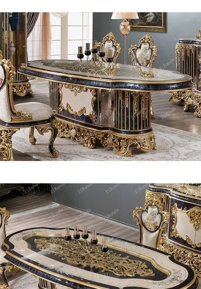 ~Custom-made French court solid wood dining tables and chairs oval wood carved gold foil craft luxury furniture