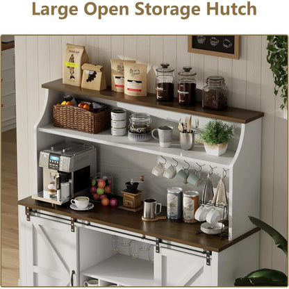 55" Farmhouse Coffee Bar with 3-Tier Storage, Kitchen Hutch Storage Cabinet with 6 Hooks, Wine Bar Cabinet with 12 Wine Racks