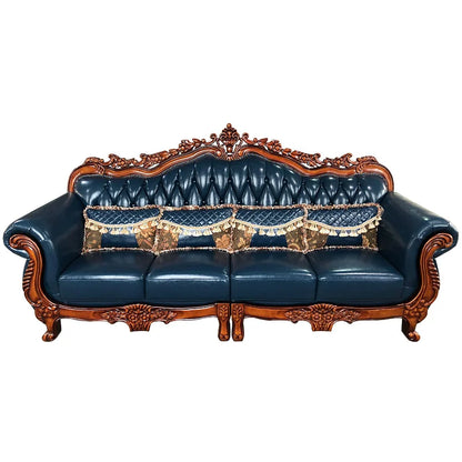 Customized European Leather Sofa High-end Living Room American First Layer Cowhide Luxury Solid Wood Carved Villa Blue 123 Seats