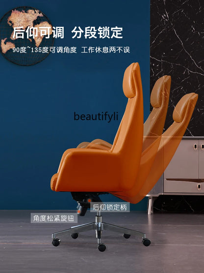 Office Lady Executive Chair Genuine Leather Long-Sitting Recliner Orange Cowhide Home Computer Chair Swivel Chair