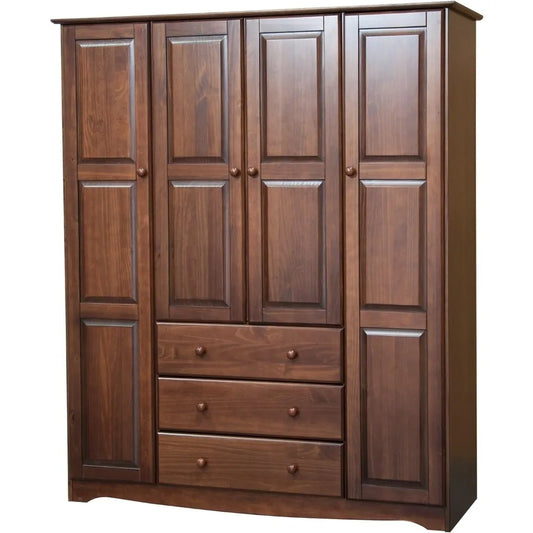 Wardrobe Closet, Mocha, 3 Clothing Rods Included, 100% Solid Wood Family Wardrobe Closet/Armoire