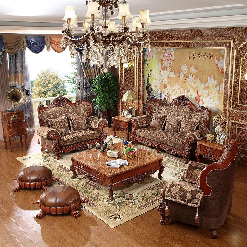 Living room furniture European style cloth art sofa style solid wood carved set luxury furniture