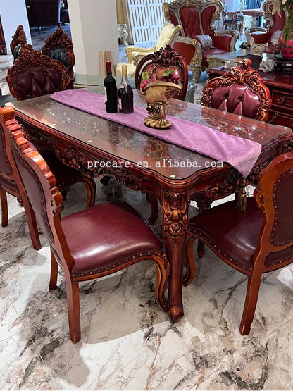 European style antique classical dining table 6 seater brown oak wooden Dining Room Furniture dining table set Luxury with chair