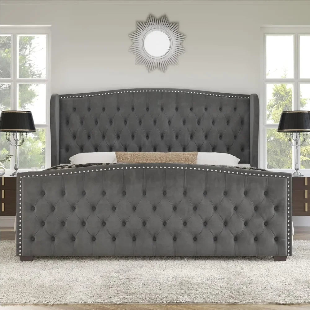 King Size Bed Frame, Velvet Upholstered Beds with Deep Button Tufted & Nailhead Trim Wingback Headboard, Platform Bed Frame