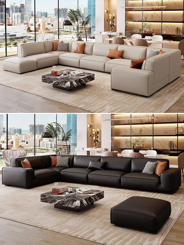 Black leather sofa living room large apartment Italian minimalist modern light luxury top layer