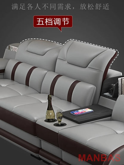 MINGDIBAO Italian Genuine Leather Sectional Sofa with Bluetooth Speaker, Functional Headrest, Massage Chaise L Shape Corner Sofa