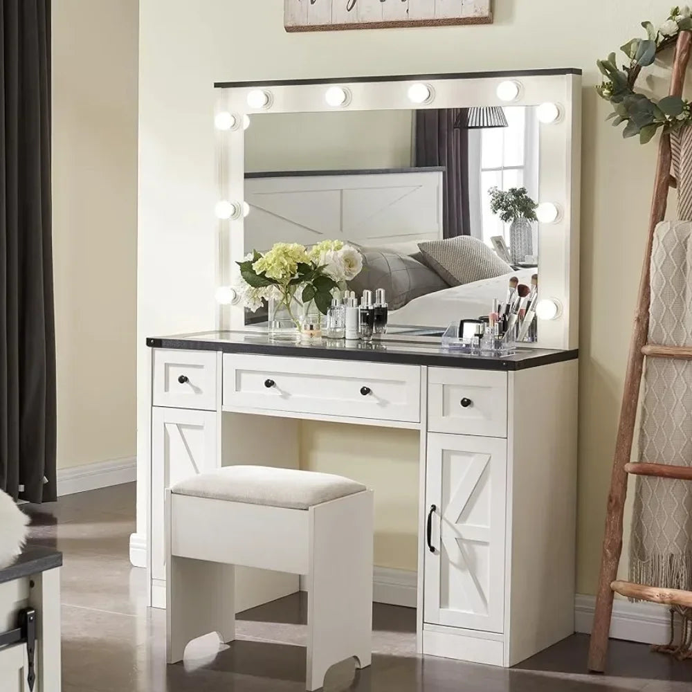 43" Makeup Vanity Desk w/ Mirror & Lights for Bedroom,Farmhouse Dressing Table w/3 Drawers,2 Cabinets & Stool, White/Black/Brown