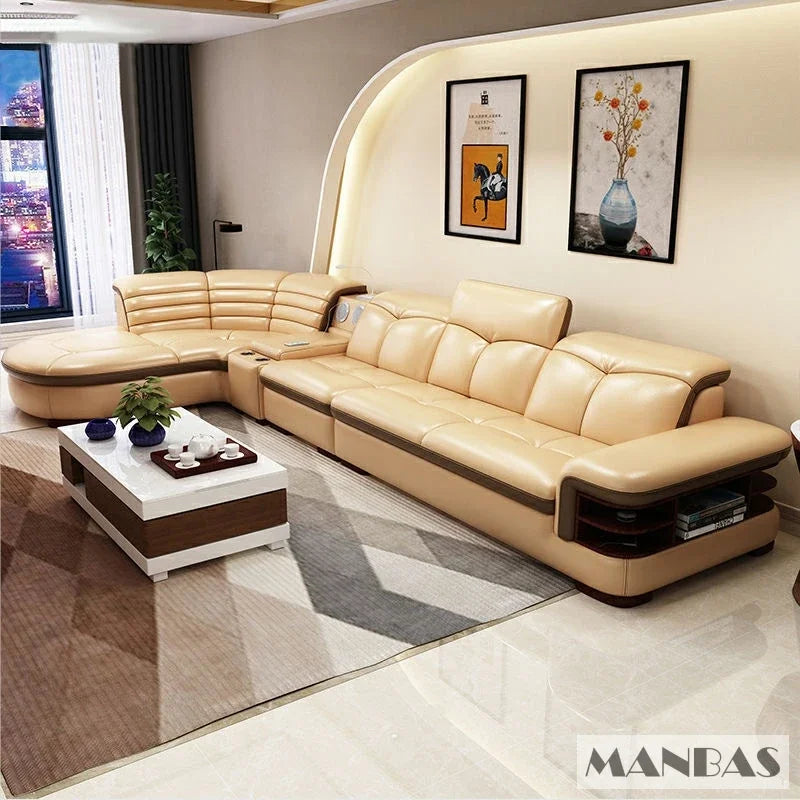 Luxury L-Shaped Genuine Leather Sectional Sofa Sets with USB, Bluetooth Speaker - Linlamlim Living Room Italian Leather Couches