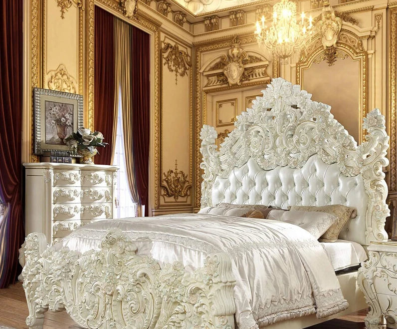 European luxury solid wood carved leather bed, villa furniture, palace master bedroom, large bed, French wedding bed