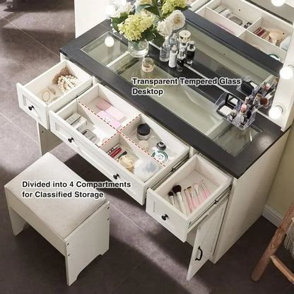 43" Makeup Vanity Desk w/ Mirror & Lights for Bedroom,Farmhouse Dressing Table w/3 Drawers,2 Cabinets & Stool, White/Black/Brown