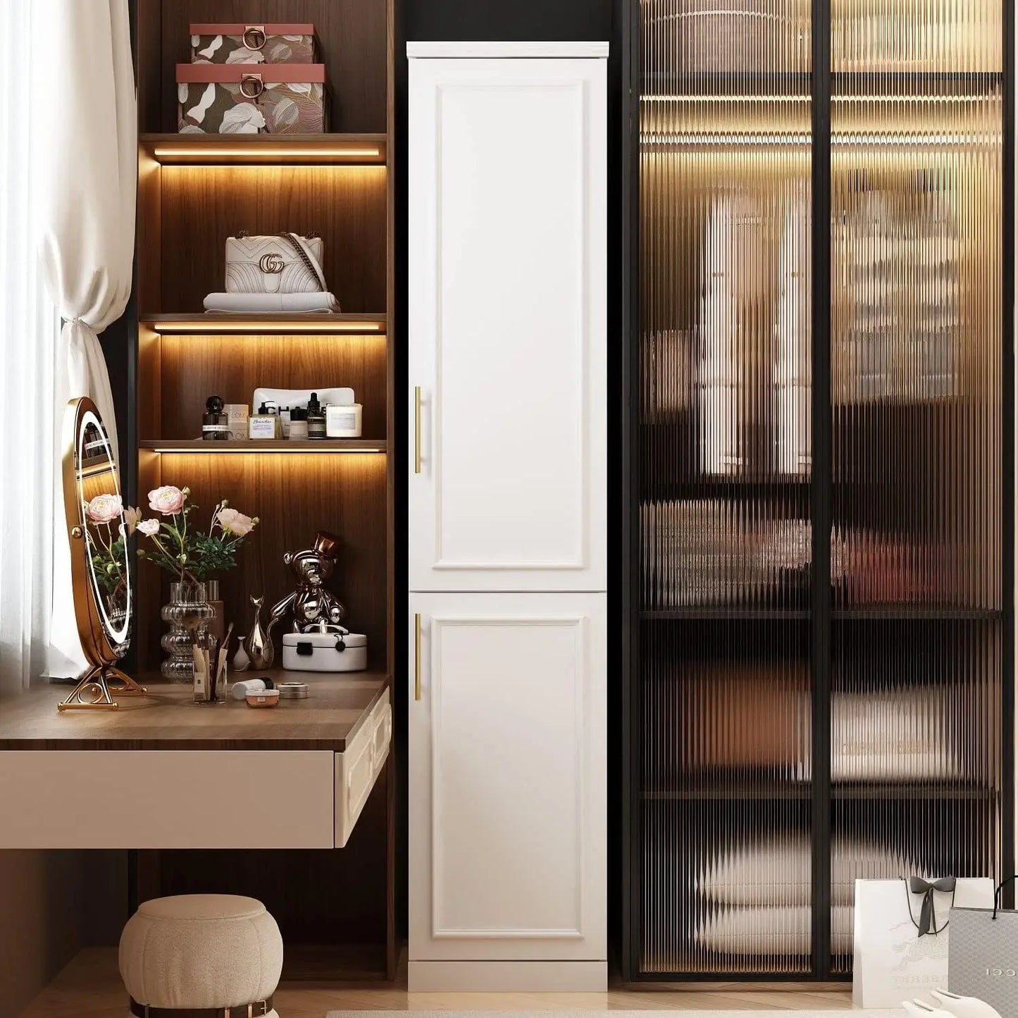 Large Armoire Wardrobe Closet System with Drawers & Hanging Rods, Wardrobe Armoire with Gold Metal Handles