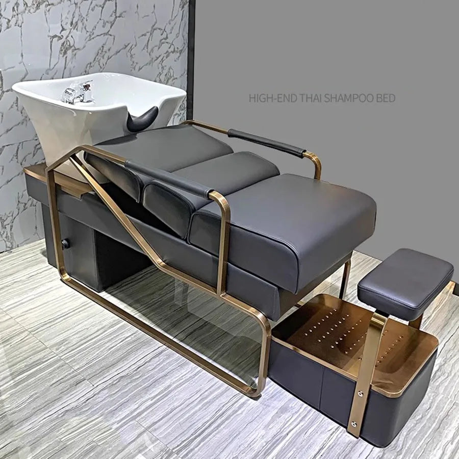 Barber Equipment Shampoo Chair Head Spa Bed Stylist Luxury Shampoo Chair Basin Wash Hair Salon Gold Reclining Cadeira Furniture