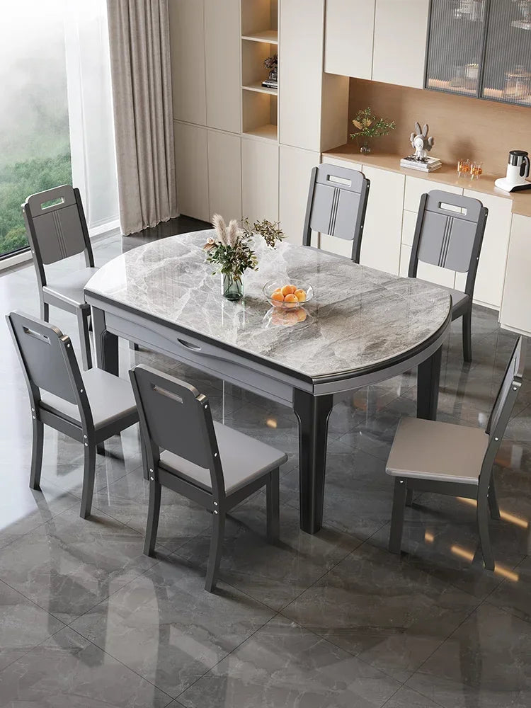 Bright Rock Plate Marble Dining Table and Chair Combination Household Small Unit Modern Simple and Luxury Telescopic Dining