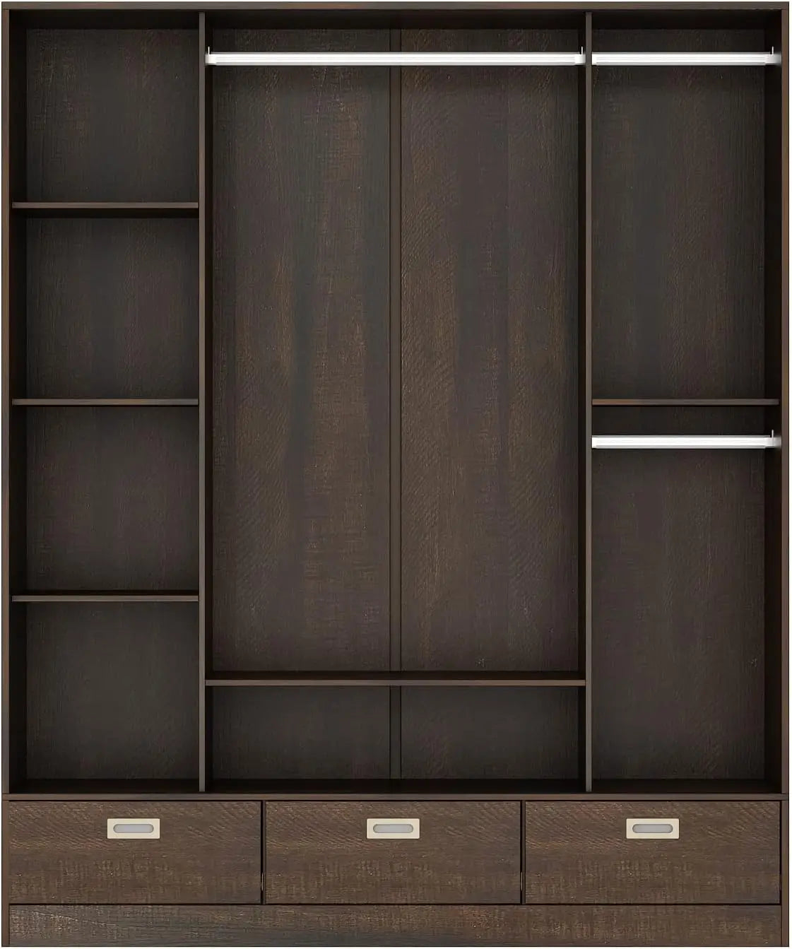 Large Wardrobe Armoire w/4 Sliding Doors,Hanging Rods & Storage Shelves,Wooden Closet w/Silver Handles for Bedroom,Brown/White