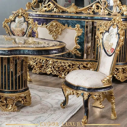 ~Custom-made French court solid wood dining tables and chairs oval wood carved gold foil craft luxury furniture