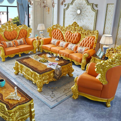 Luxury European Style Solid Wood and Genuine Leather Living Room Furniture Sofa Set 1234 for Large Villa House Paint and Carving