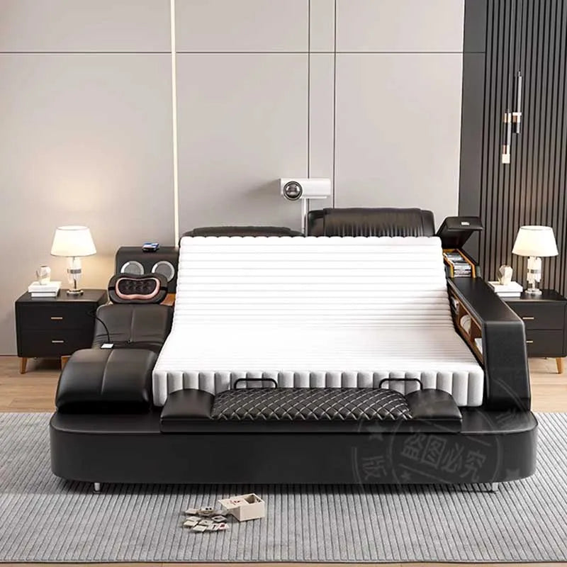 Nordic Multifonction Double Bed Side By Side Leather Luxury King Size Bed Frame Platform Wood Design Lit Bedroom Set Furniture