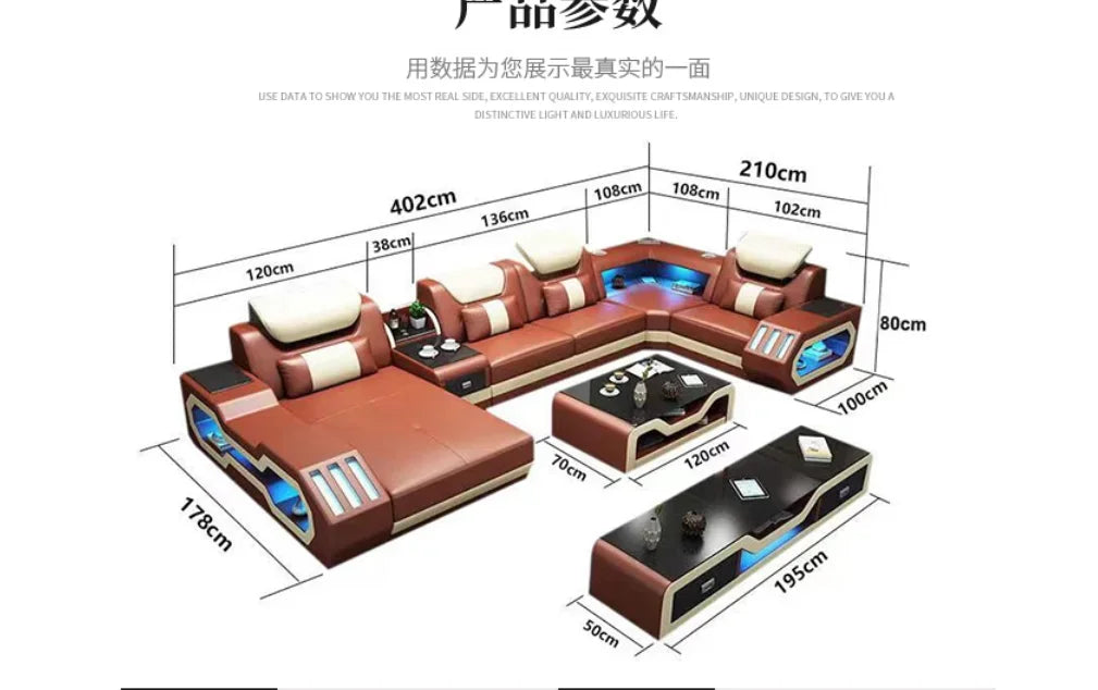 High Quality Modern Luxury smart Leather Sectional Sofa Chairs Set Couch Living Room furniture Sofas With Led