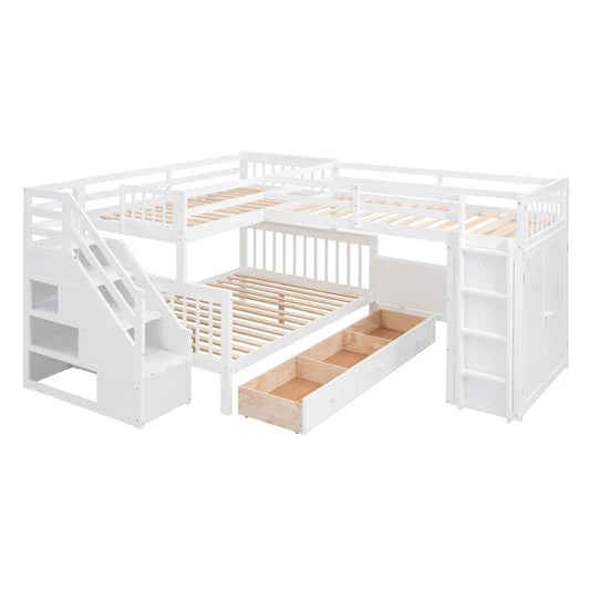 Twin-Twin over Full L-Shaped Bunk Bed With 3 Drawers, Portable Desk and Wardrobe, Maximized space, Health and Comfort