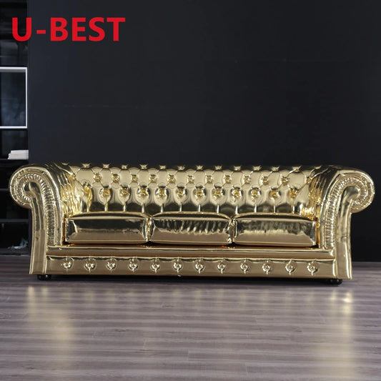 U-BEST French Luxurious 3 Set Living Room Chesterfield Sofa Classic Living Room Accent Sofa 3 Seater Golden Color Sofa